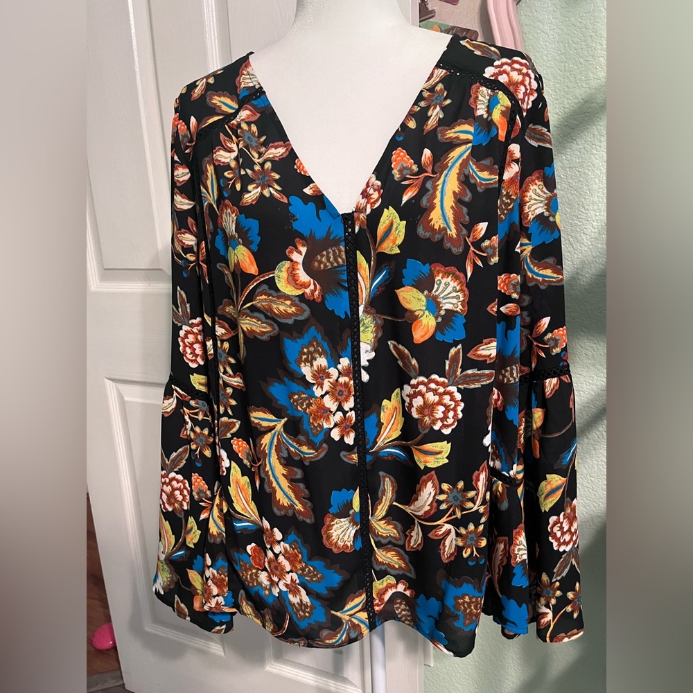 INC International Concepts Floral V-Neck Top - Black, Blue, Orange